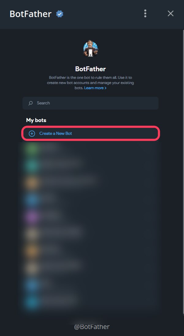 Откройте @BotFather и нажмите «Create a New Bot»