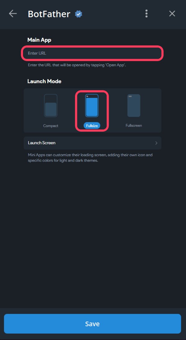 Main App: вставьте адрес, выберите режим Fullsize, Save