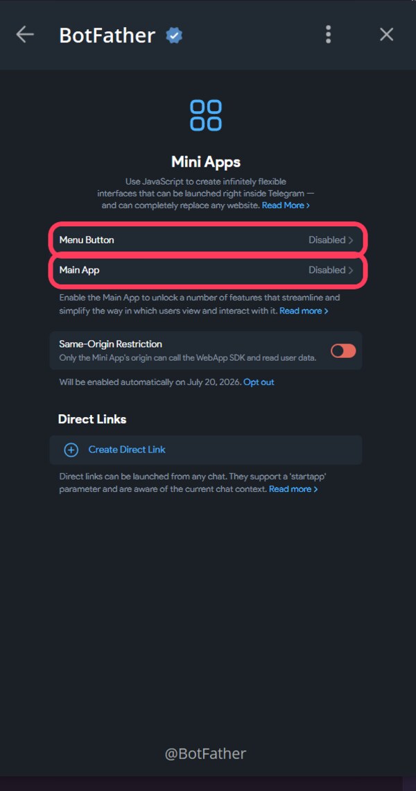 Раздел «Mini Apps» — здесь Menu Button и Main App