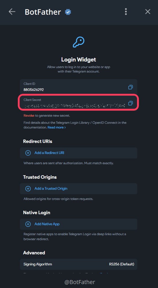 Скопируйте «Client Secret»