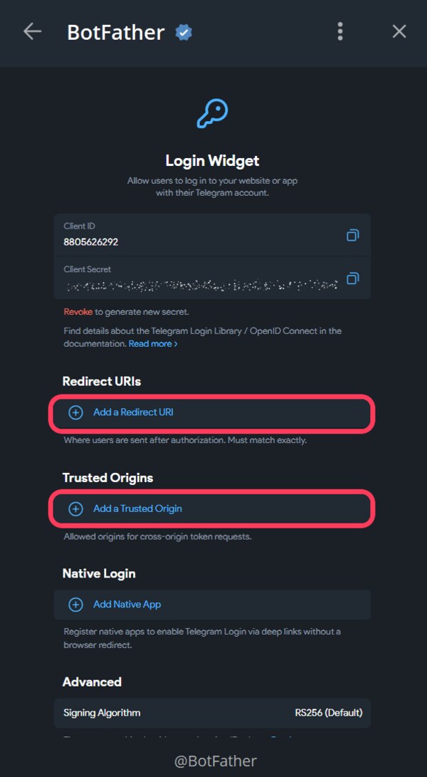 «Add a Redirect URI» и «Add a Trusted Origin» — вставьте оба адреса